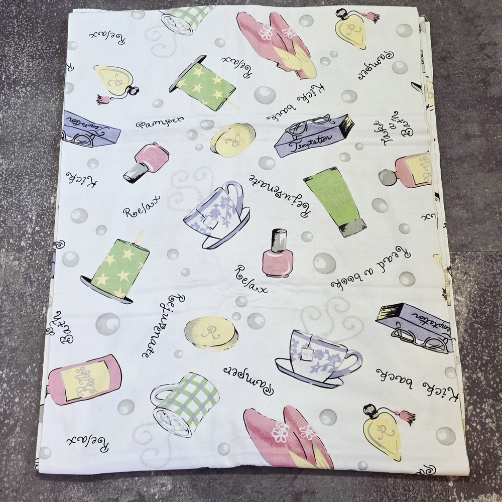 Pastel Tea Time Fabric Panel - Cups, Slippers & Bath Motifs